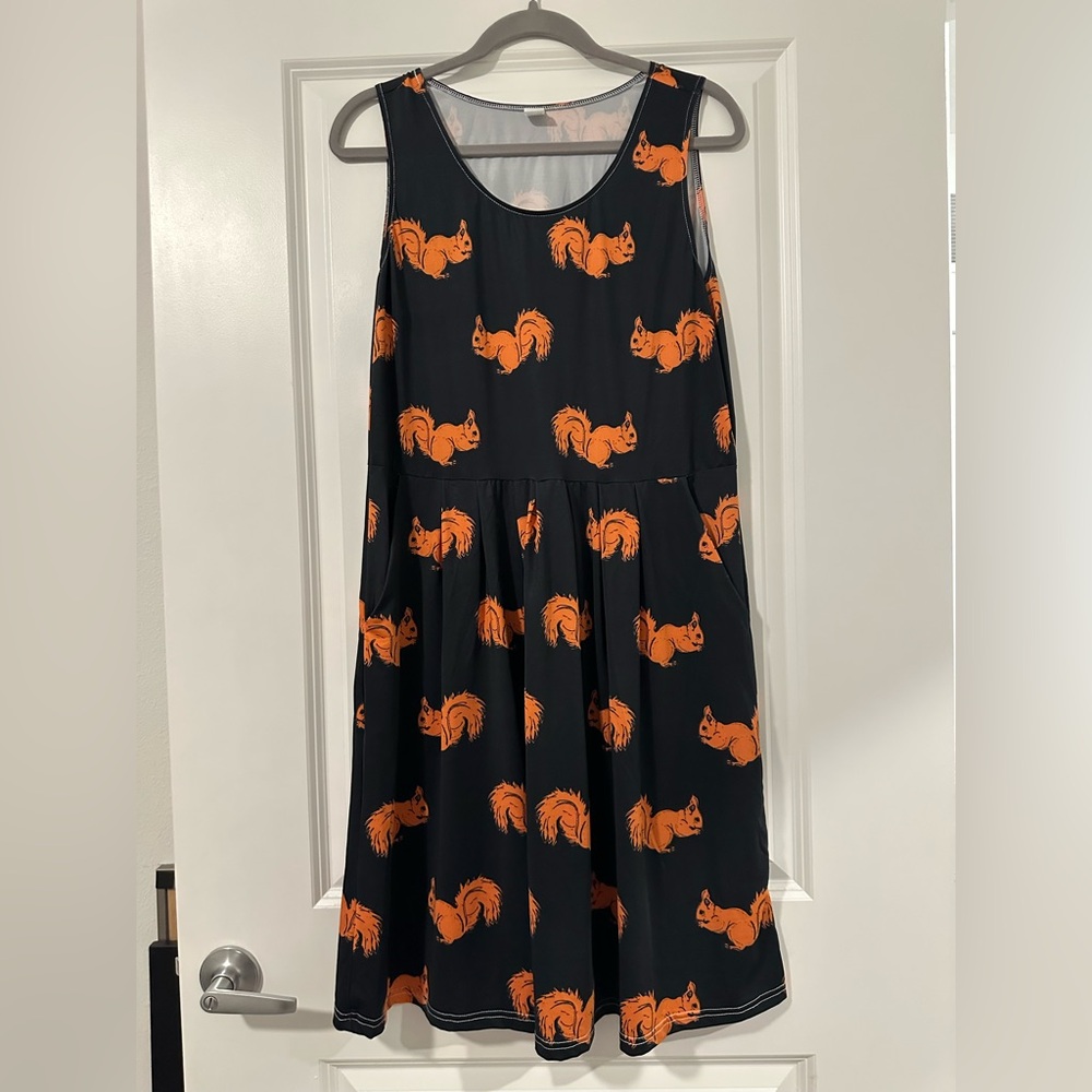 Squirrel Print Dress - Black and Orange